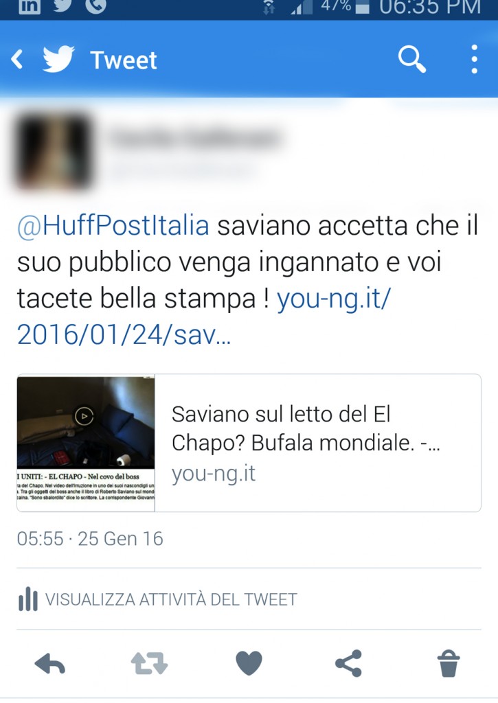 tweet del 25 gennaio 2016 alla redazione de Huffington post italia con il link dell'articolo