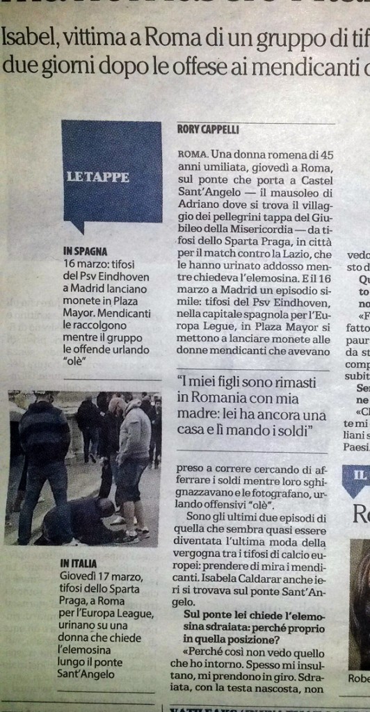 l'articolo de La Repubblica del 19 marzo 2016 sulla vicenda della mendicante a cui hanno urinato addosso