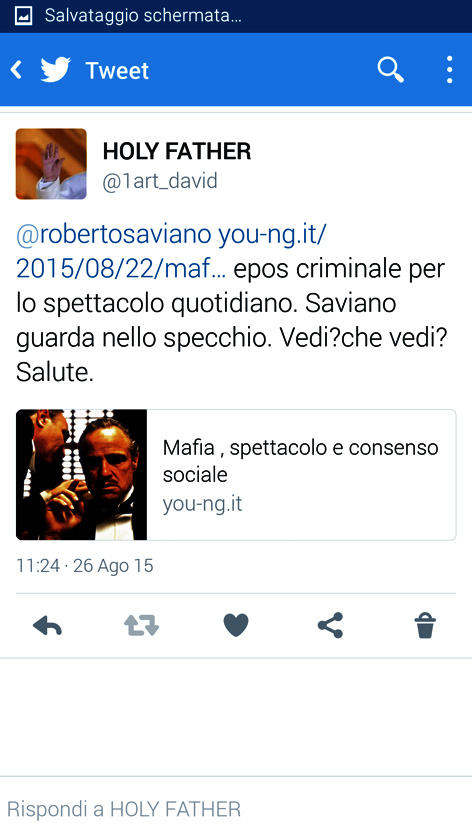 agosto 2016 uno dei tweet a Roberto Saviano con il link del mio articolo