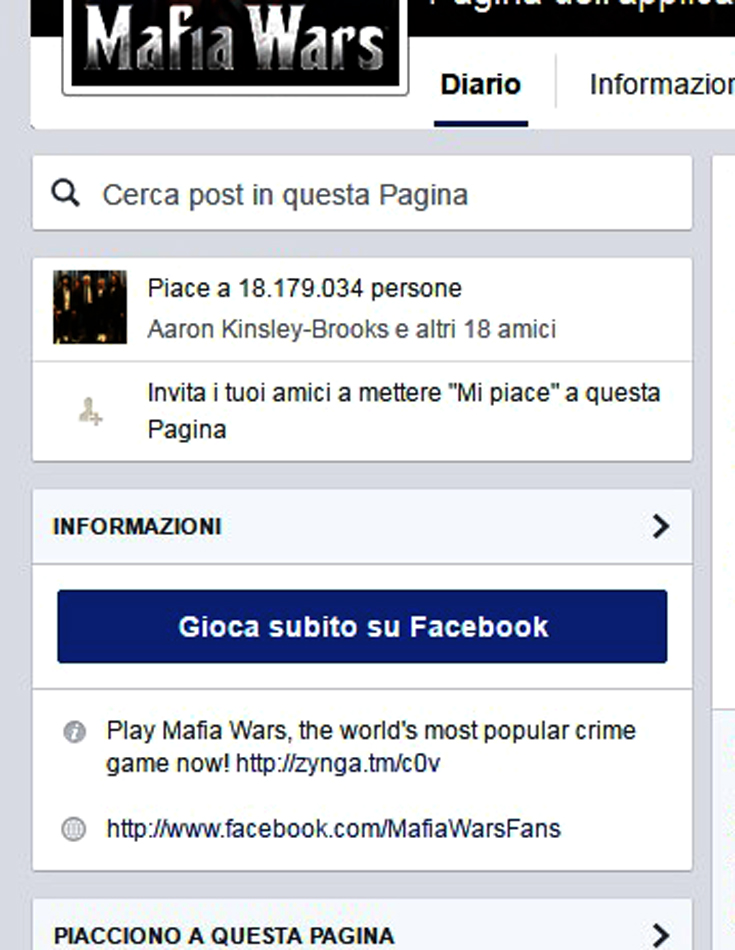 La pagina FB di Mafia War da oltre 18 milioni di seguaci (followers) 