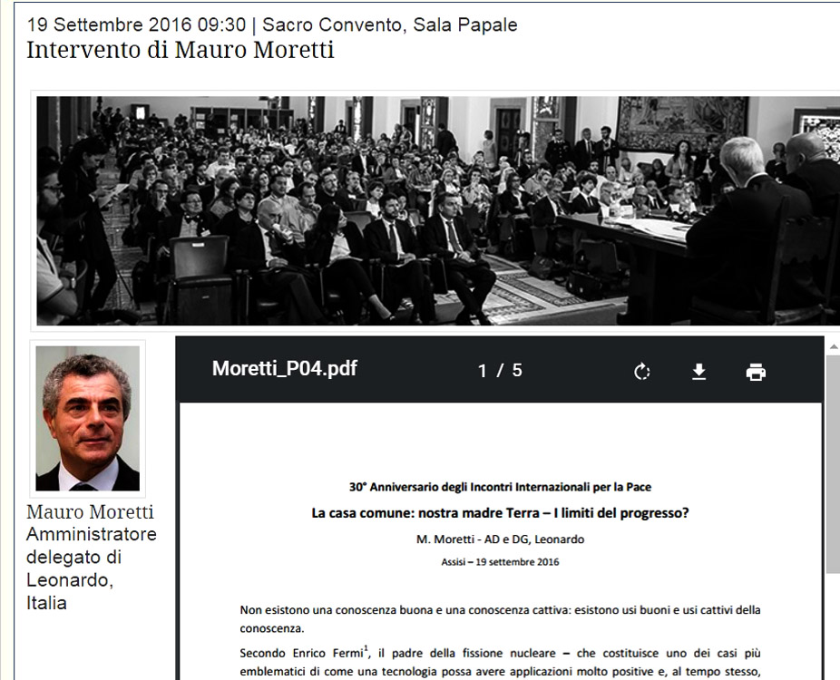 screenshot della pagina con l'intervento di Mauro Moretti AD di Leonardo Finmeccanica. Notiamo che Finmeccanica scompare nell'intestazione lasciando solo Leonardo