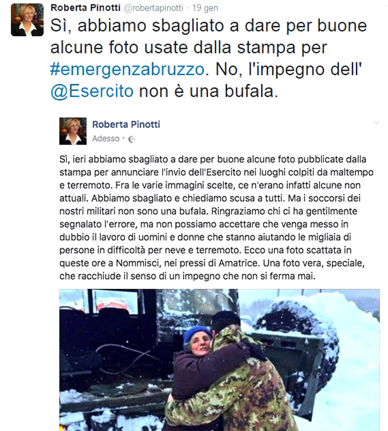 il profilo twitter del Ministro Pinotti costretta alle scuse per aver usato foto di intervento militare emergenza non corrispondenti al presente
