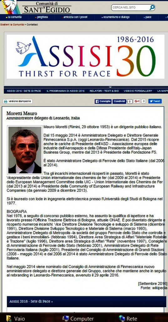 la Bio dell'Amministratore Delegato Mauro Moretti sul sito della conferenza di pace di assisi a cura della comunità di Sant'egidio