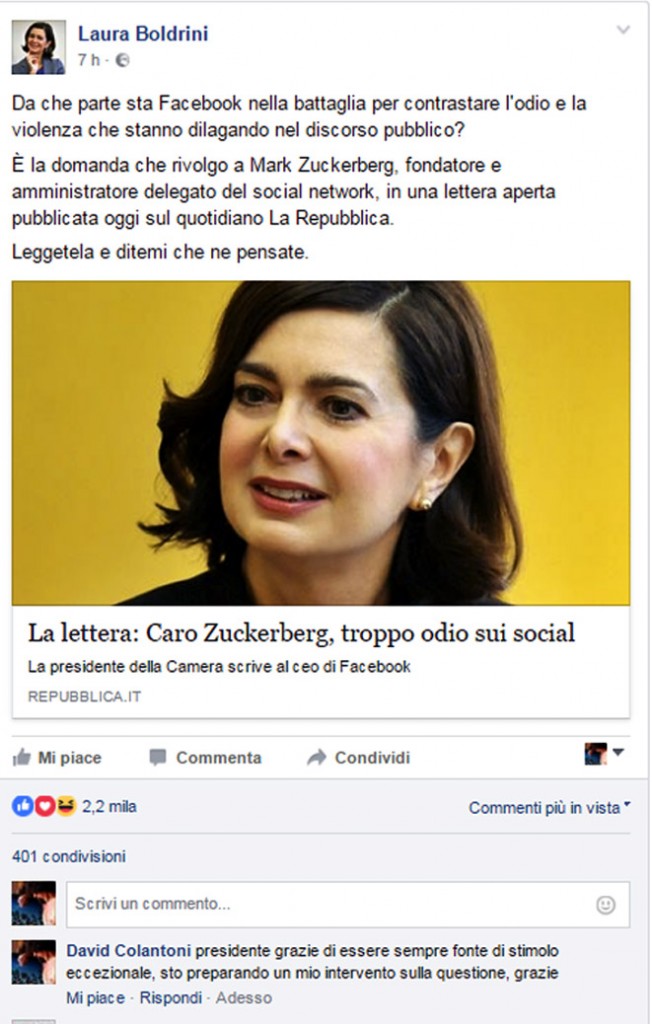 l'appello del Presidente Boldrini sul suo profilo Fb ad aprire un dibattito sul tema aperto dalla sua lettera a Zuckerberg