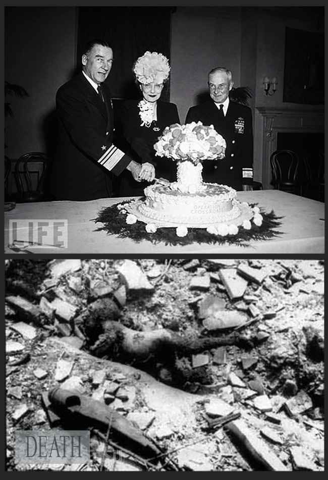 hiroshima e nagasaki morte e vita. ALti ufficiali americani festeggiano con una torta a forma di fungo atomico. Sotto il corpo carbonizzato nell'olocausto nucleare di Hiroshima