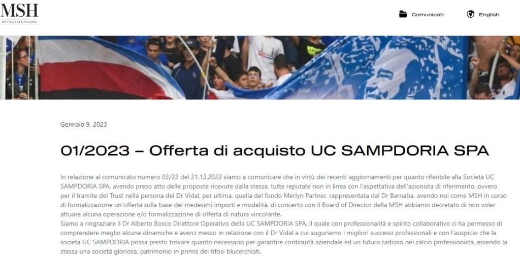 Comunicato acquisto Sampdoria Matteo Saba holding